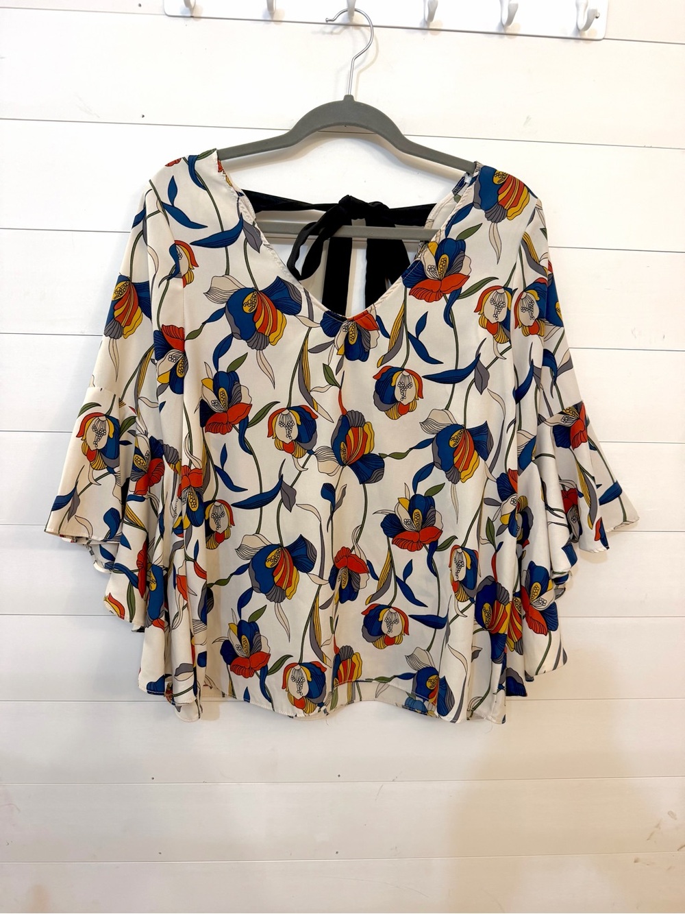 Green Envelope Floral Bell Sleeve Blouse M Retro Boho Tie Back Made USA